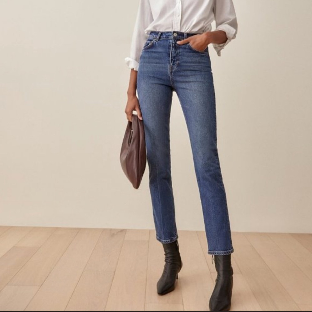 Reformation Liza High Rise Straight Slim iCarian Wash Blue Jeans.